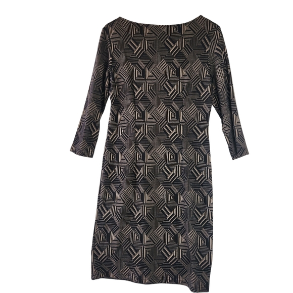 Sharagano Black and Tan Bodycon Geometric Midi Dress Size 10 - Picture 3 of 11